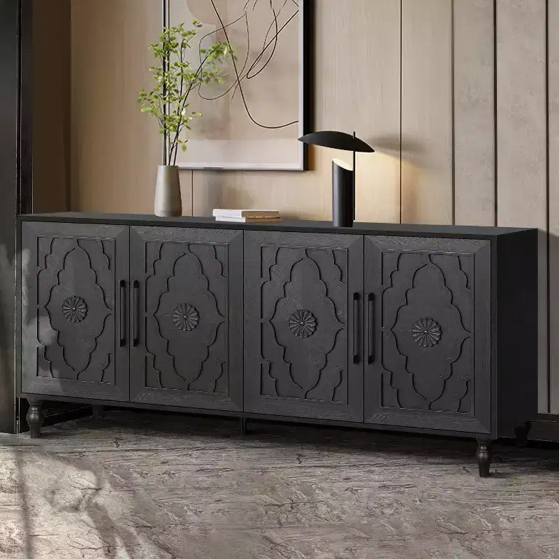 GDFStudio Mid Century Modern 62.99'' Carved Flower Door Cabinet with Adjustable Shelves