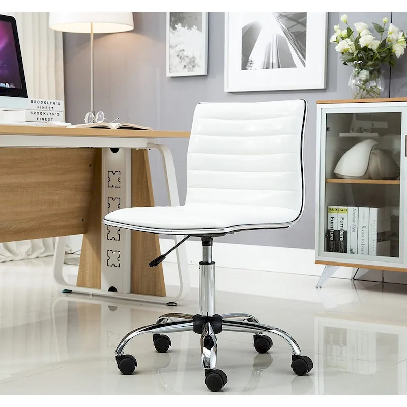 Swivel Mid Back Armless Ribbed Task Leather White Office Chair