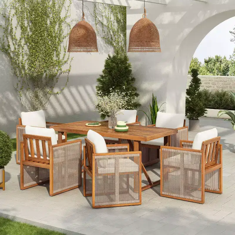 Christopher Knight Home Nori Modern 7 Piece Outdoor Acacia Wood Dining Set with Handwoven Cord