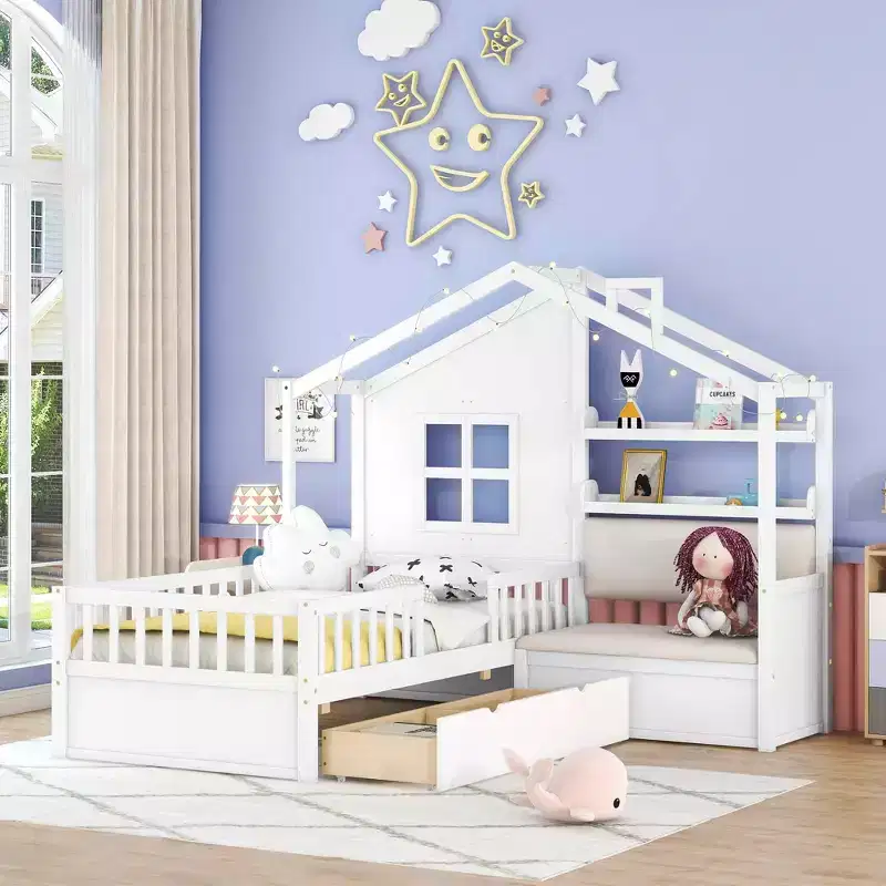 MAYEERTY Twin Size House Bed with Sofa Kids Platform Bed with Two Drawers and Storage Shelf for Bedroom White
