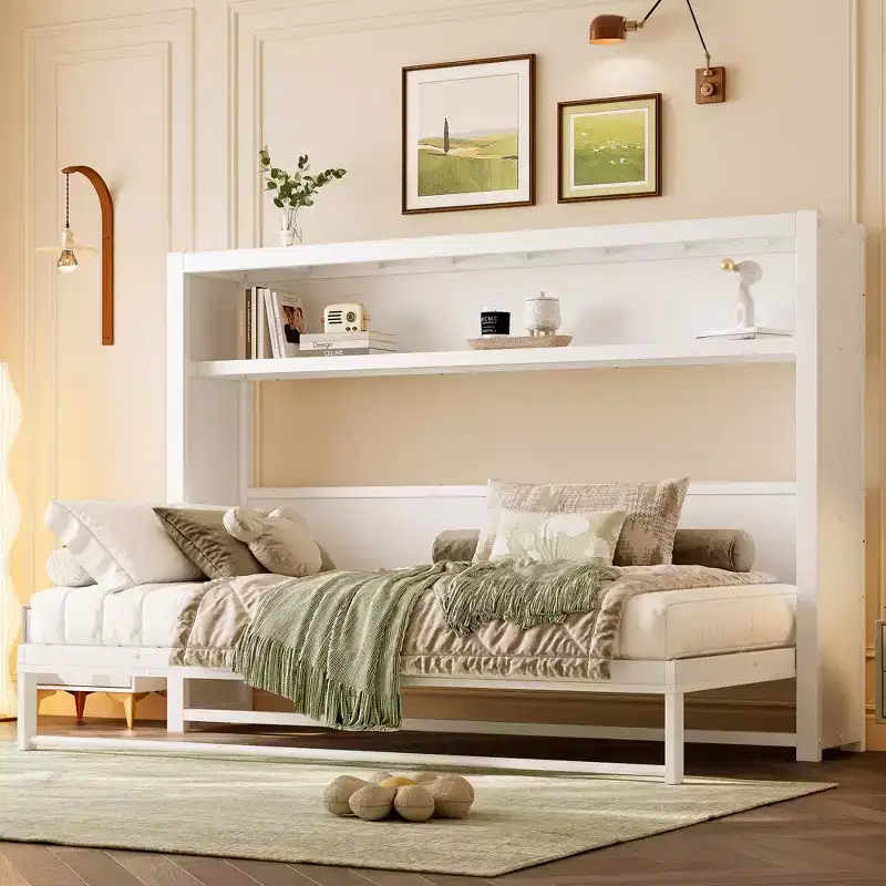 Bellemave Twin Murphy Bed with Shelves and Foldable,Metal Wall Murphy Bed Frame with Space-Saving Design