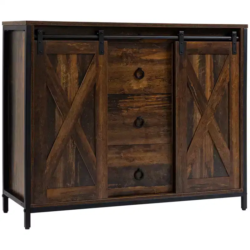HOMCOM Industrial Farmhouse Buffet Cabinet, Kitchen Sideboard with Sliding Barn Doors, 3 Drawers and Adjustable Shelves for Living Room, Rustic Brown