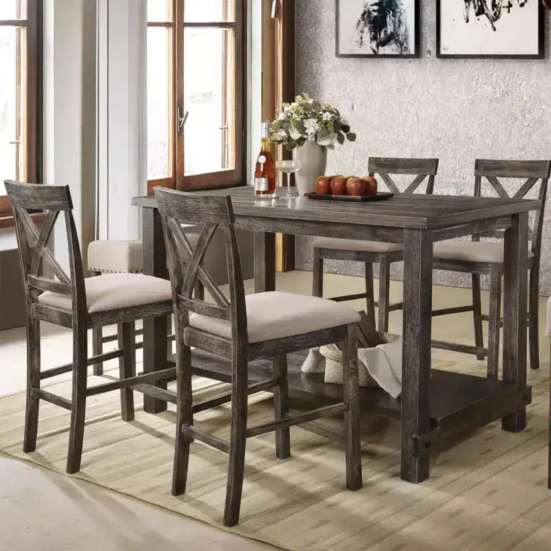 Simple Relax Set of 2 Linen Counter Height Chairs in Tan and Weathered Gray