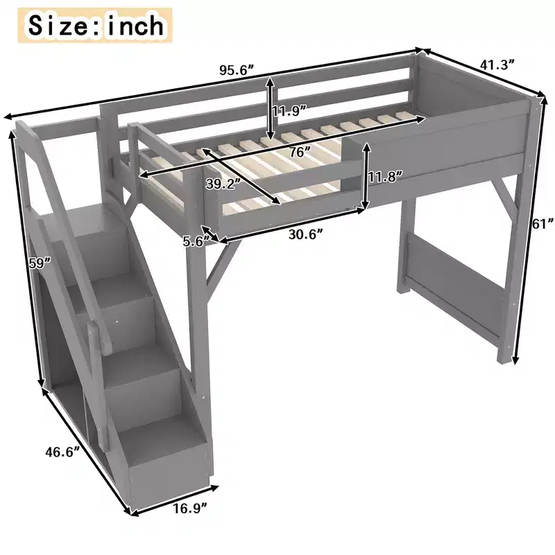 Bellemave Loft Bed with Built-in Wardrobe and Storage Space,Solid Wood Loft Bed Frame with Beside Shelves, Full-length Guardrail and Stair,