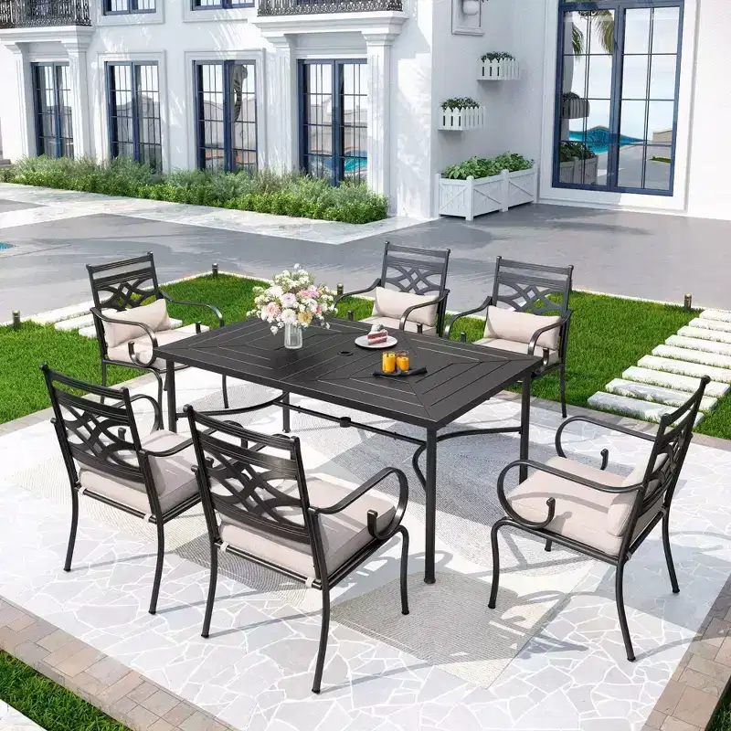 7pc Outdoor Dining Set with 6 Chairs with Seat & Back Cushions & Metal Rectangle Table with Umbrella Hole - Captiva Designs: Powder-Coated