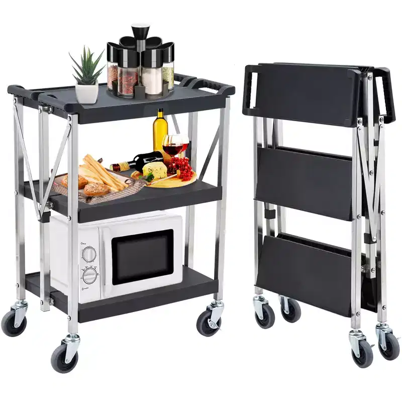 Heavy Duty 3-Shelf Rolling Cart, Commercial Foldable Utility Cart with Wheels, 330 Lbs Capacity, Collapsible Service Cart for Foodservice, Garage