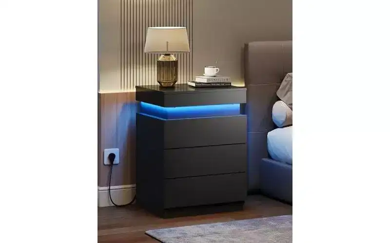 Nightstand with Charging Station & LED Lights, Night Stand with 3 Drawers and Sliding Top