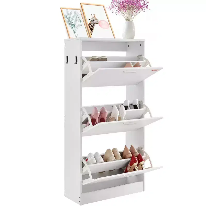 Shoe Cabinet with 3 Flip Drawers, Shoe Storage Cabinet for Entryway, Free Standing Shoe Storage Organizer with Side Hooks for Heels, Boots