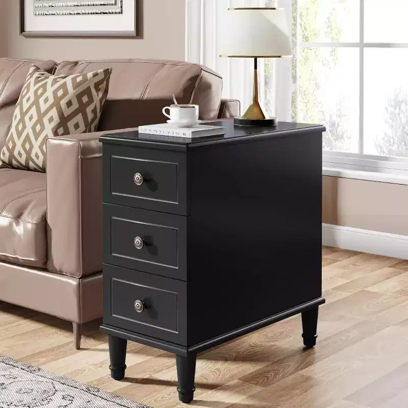 Lantine Wood End Table, Fully Assembled Narrow Side Table with Drawers, Nightstand Slim Bedside Table for Small Spaces, Living Room, Bedroom, Black