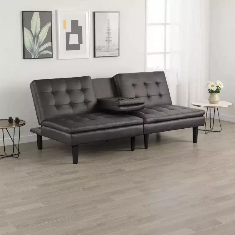 Futon Sofa Bed with Drop-Down Tray, Cupholder and USB Ports, Gray Faux Leather