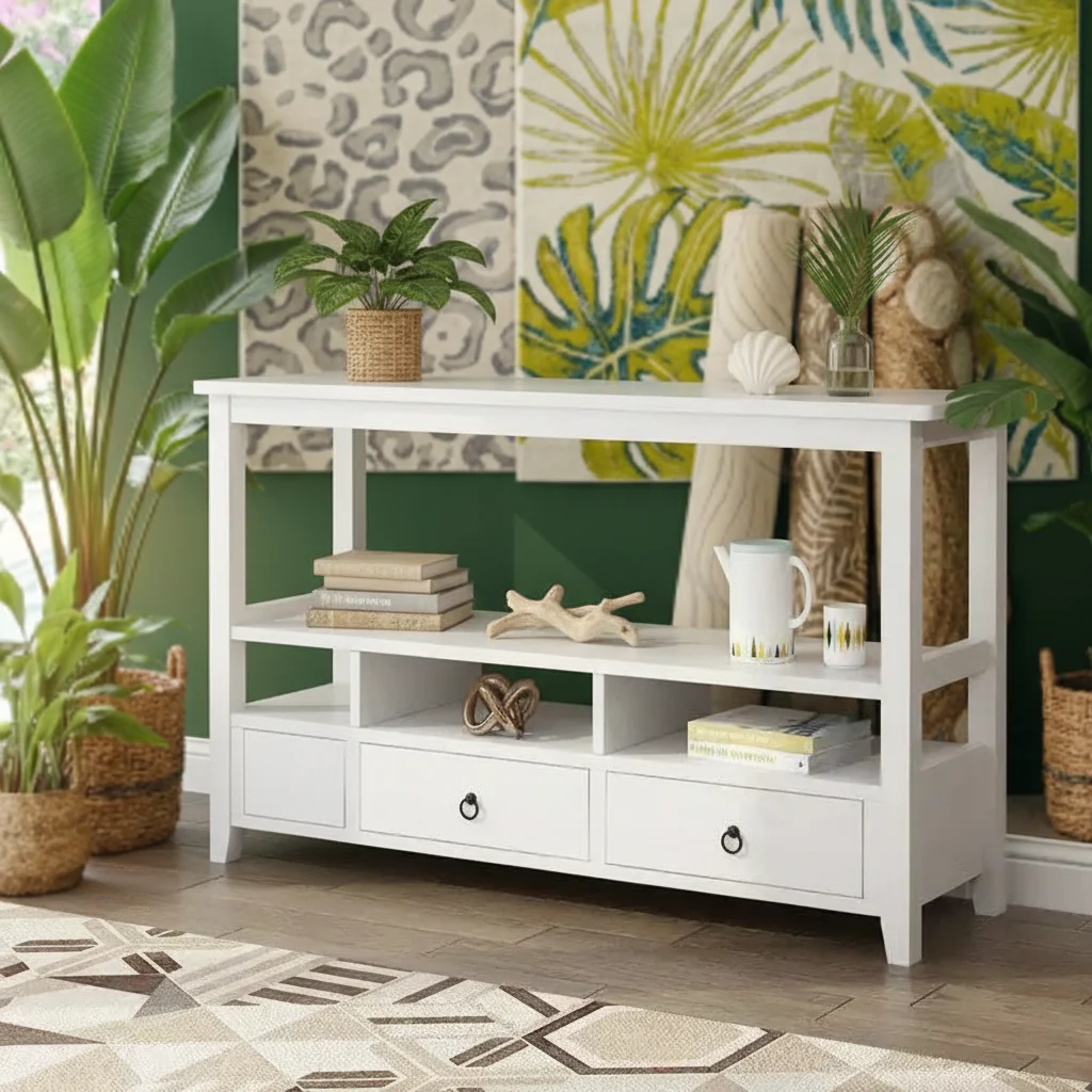 3 Tier Vintage Console Table with 3 Drawers and Shelves