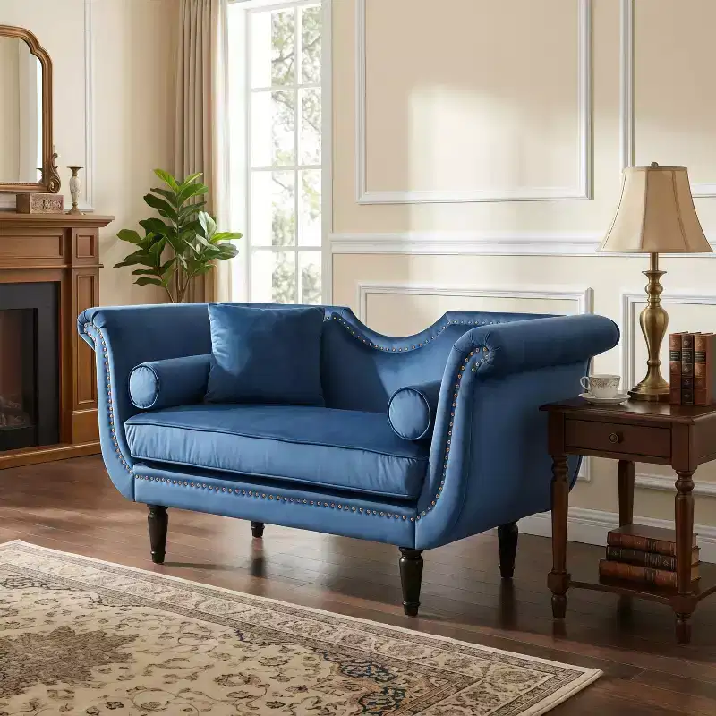 Whisen 53''Velvet Bench with Rolled Arms, Rivet Accents, Minimalist Upholstered Footboard Seat, 2 Pillows, High Density Foam Cushion