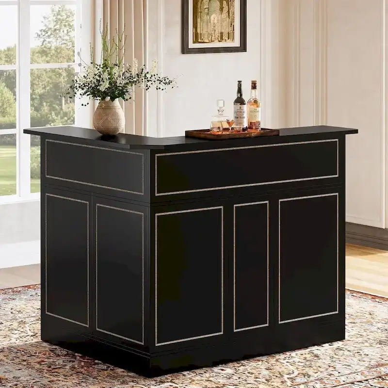 L-Shaped Bar Cabinet with Stemware Racks for Home Pub