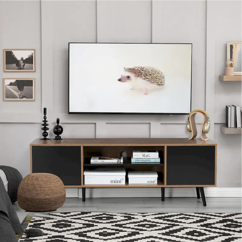 Mid-Century TV Stand with Push-Open Doors, Open Shelf and Cable Management – White / Black, Fits TVs up to 60