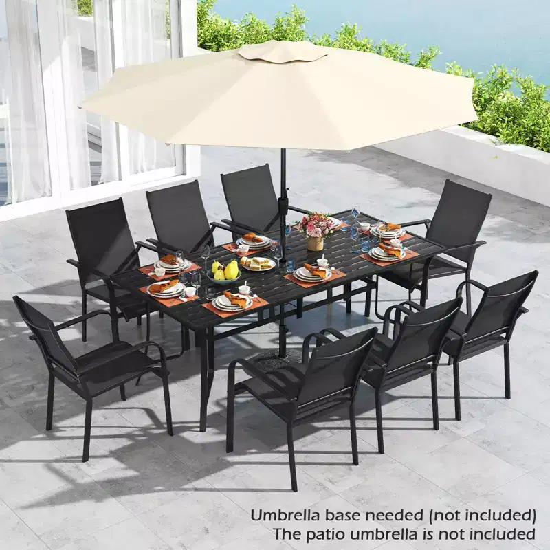 Gymax 9PCS Patio Dining Set Rectangular Table & Stackable Chairs w/Umbrella Hole