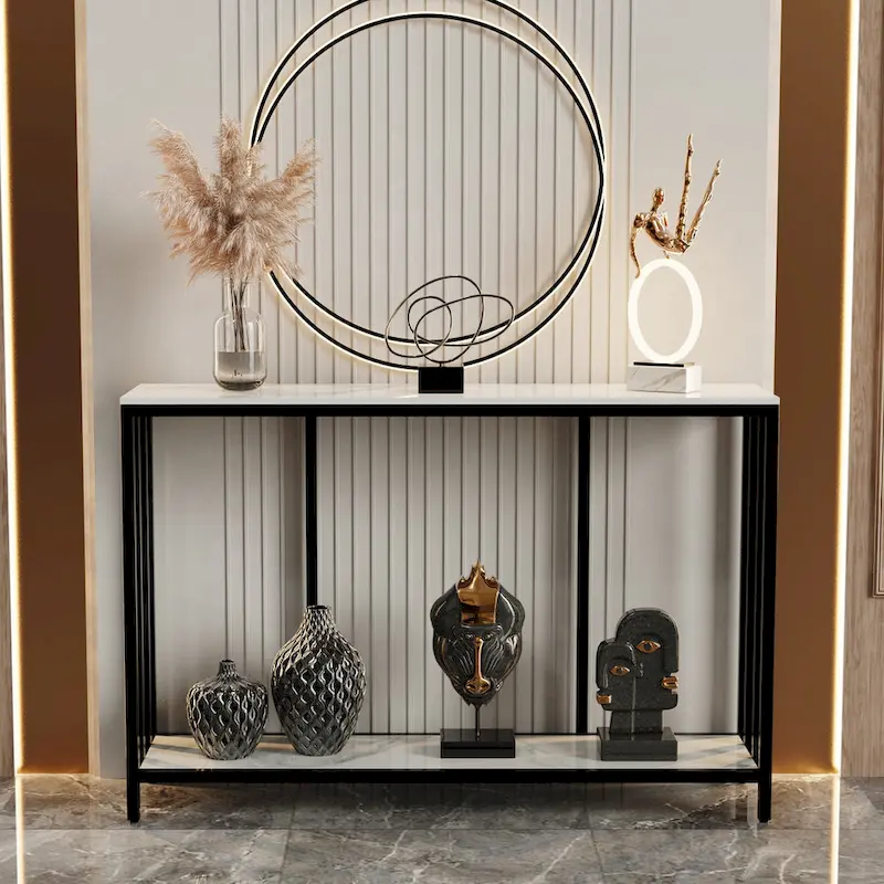 Sintered Stone Console Table with Black Metal Frame – 2 Tier, 47.2x11.8x30.7 inch