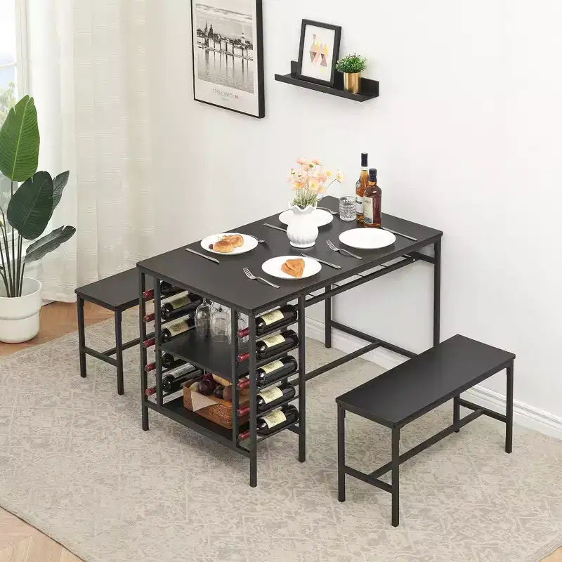 Dining Table Set for 4,Kitchen Table with 2 Benches,Wine Rack and Storage Shelf,Rectangular Dining Room Table Set,for Small Space,Apartment,Dinette