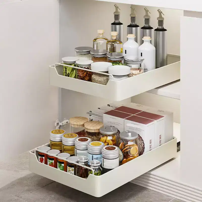 Kitchen Pull Out Cabinet Organizer Fixed With Adhesive Film, Heavy Duty Storage and Organization Slide Out Pantry Shelves Sliding Drawer