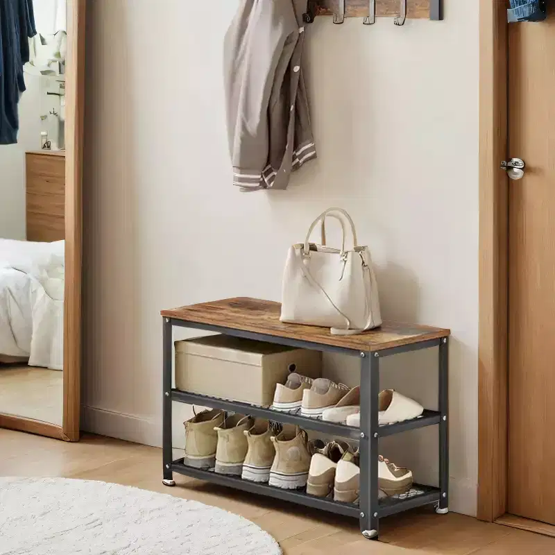 3-Tier Shoe Rack Bench with Metal Mesh Shelves
