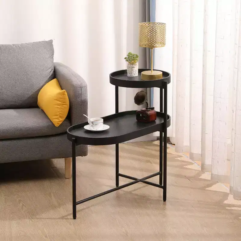 2 Tier Black Storage Side Table Metal Frame and Wooden Top for Living Room