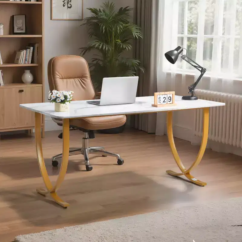 VEVOR Executive Desk, 63Wx31.5D Large Office Desk,Modern Computer Table Conference Meeting Room Table,Business Furniture Enlarged Desktop,White+Gold
