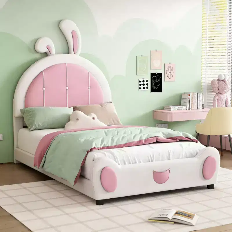Twin Size Upholstered Platform Bed with Rabbit Shaped Headboard, White+Pink