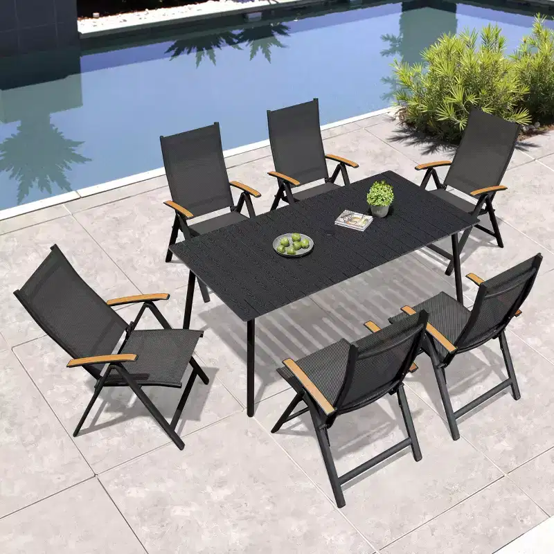 Crestlive Products Outdoor Dining Set Patio Dining Table with folding Dining Chairs Wooden-Like Top and Aluminum Frame Umbrella Hole