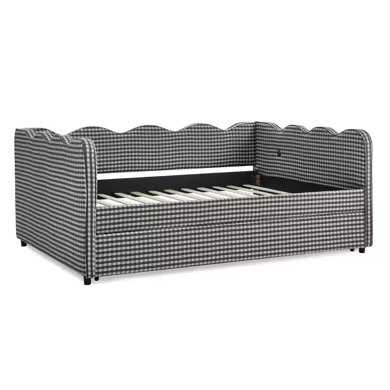 Zeus & Ruta Full Daybed with Trundle - Gingham Linen Fabric, Wavy Headboard & USB Charging Port