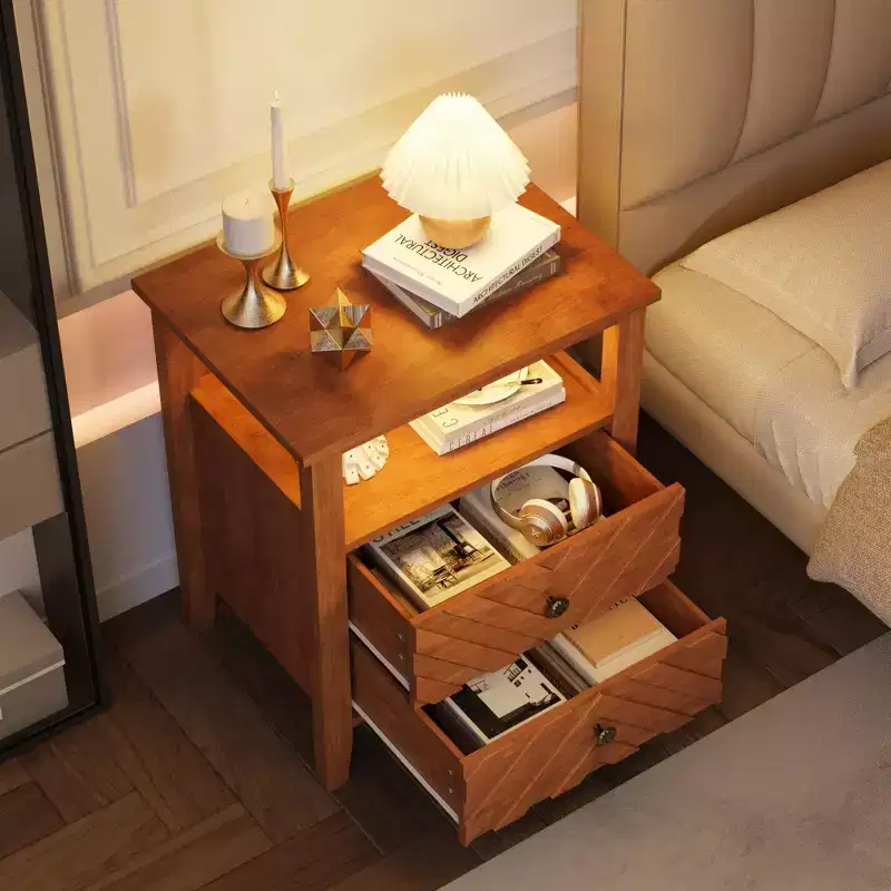 Coolmee LED Night Stand with 2 Storage Drawers and Legs, Farmhouse Nightstand with Open Storage Shelf, Rustic Bedside Table for Bedroom Living Room