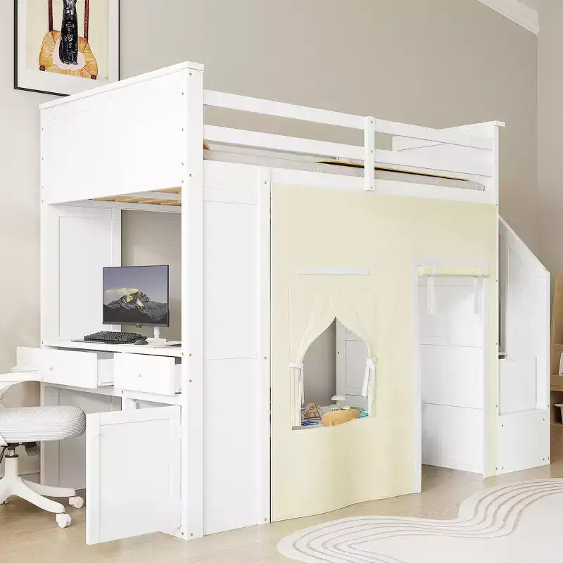 Whisen Twin Size Loft Bed with Desk Storage Staircase Drawers Curtain Solid Pine Wood-White