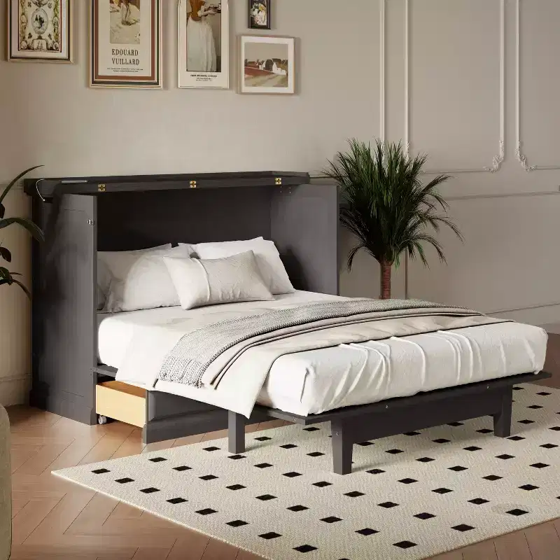 Queen/Full Size Wooden Murphy Bed, Space-Saving Foldable Cabinet Bed with USB Charging Station & Storage Drawers