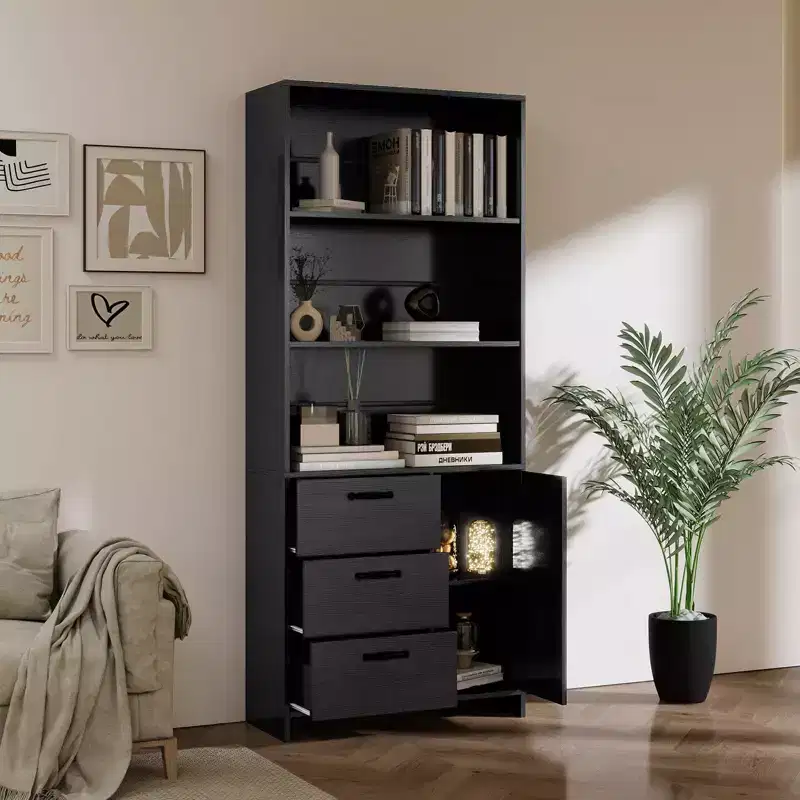 71 Tall Bookshelf with Door, 3 Drawers & Open Shelves,6-Tier Wooden Storage Cabinet for Home Office, Living Room, Bedroom
