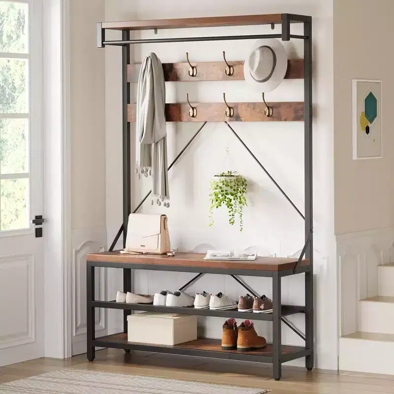 72 Industrial Hall Tree with Shoe Bench,Wood Look Entryway Storage, Hanging Bar & 8 Hooks, Accent Shelf for Coats & Shoes