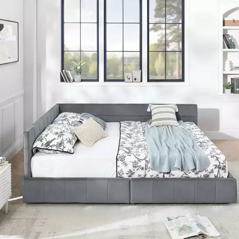 MAYEERTY Queen Size Storage Upholstered Tufted Bed Frame with Backrest and Armrests for Bedroom Gray