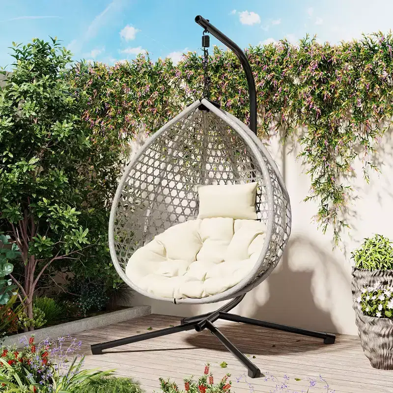 GDFStudio Anderson Hanging Egg Rattan Chair with Stand and Soft Removable Cushion