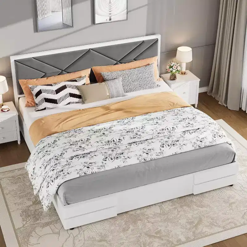 Acekool Modern Tufted Upholstered Bed Frame, White Platform Bed with Headboard for Bedroom or Apartment