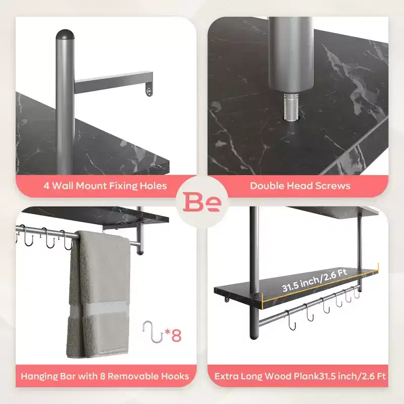 Industrial 2-Tier Wall-Mounted Bookshelf Plant Stand Shelf Baker's Racks with 8 S-Hooks