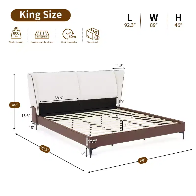 King Size Faux Leather Platform Bed with Teddy Wingback Headboard