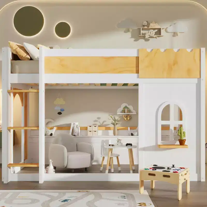 Kids Castle Loft Bunk Bed with Windows, Doors & Convertible Lower Play or Sleep Space
