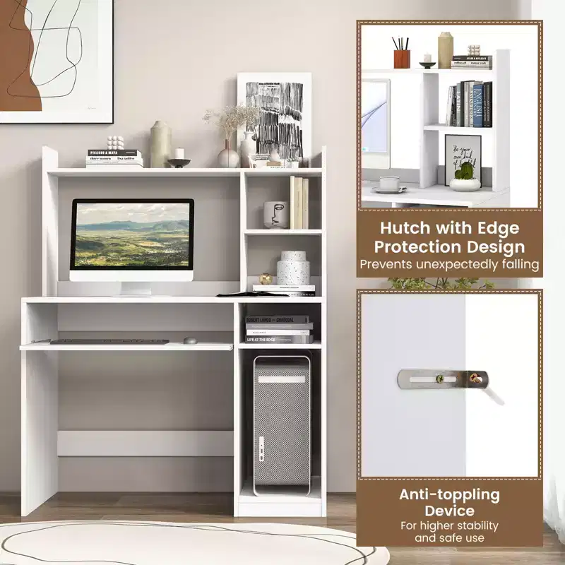 Computer Desk with Charging Station Hutch and CPU Stand White