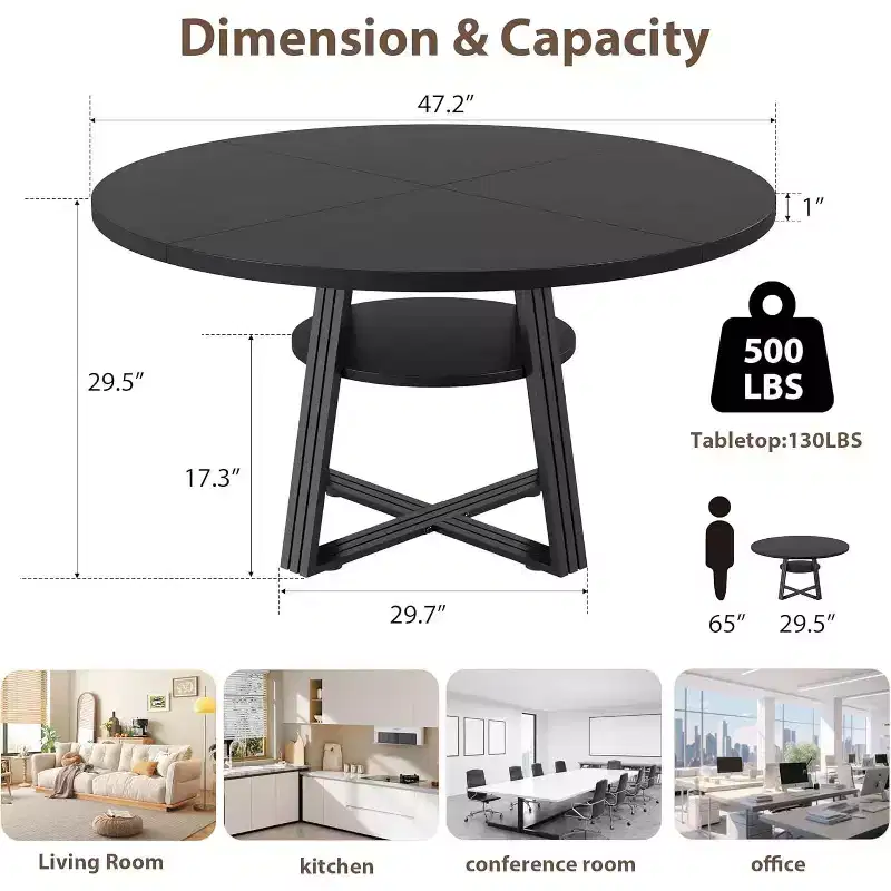 Round Dining Table for 4-6, 47.2 Farmhouse Kitchen Table with Storage, Circle Dinner Tables for Kitchen, Dining Room, Living Room, Meeting Room