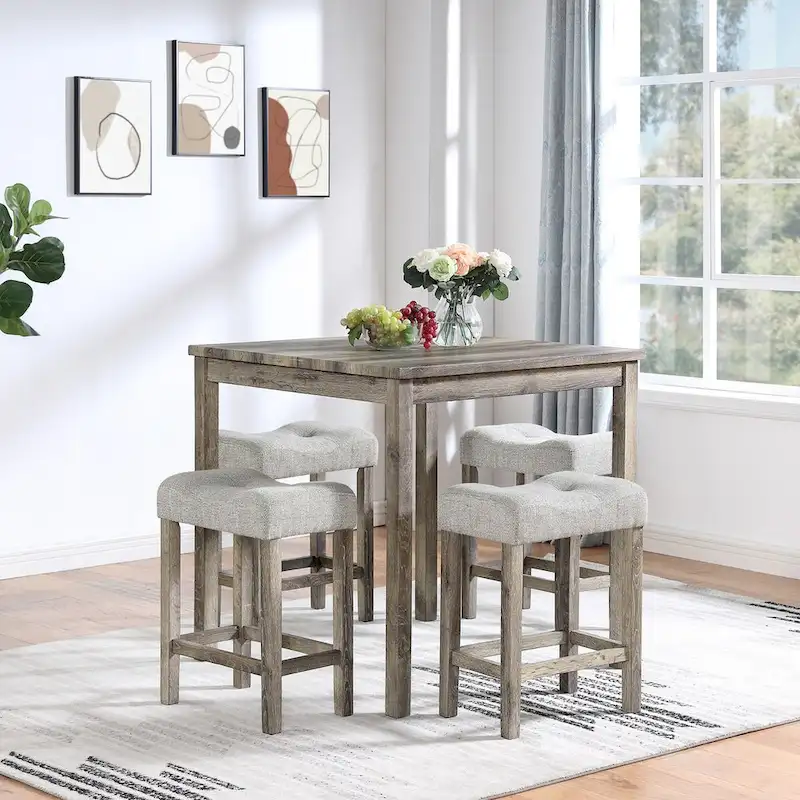 Solid Wood Square Table with Four Upholstered Dining Chairs