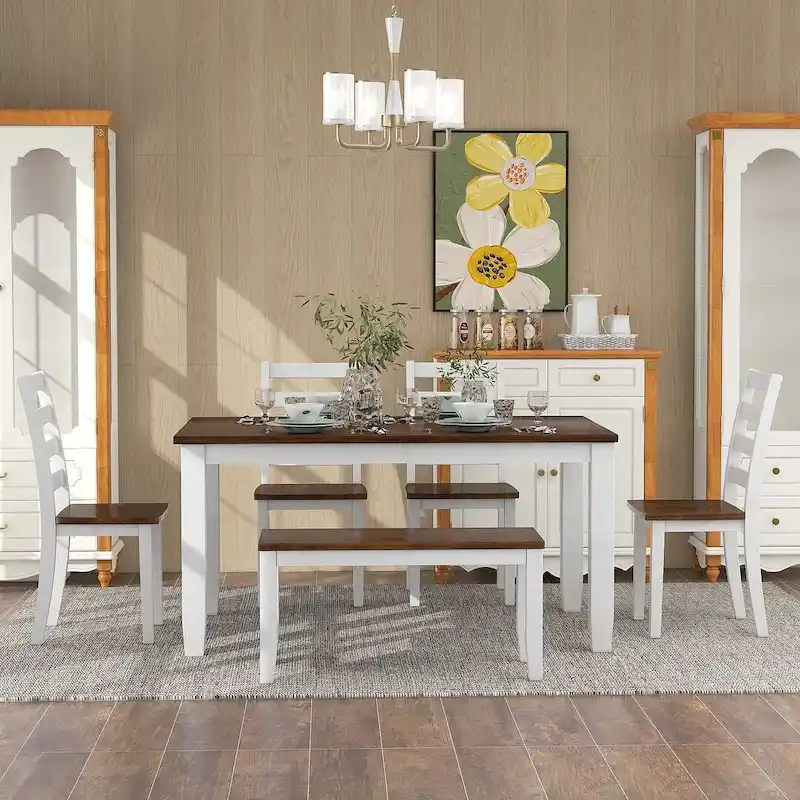 60 Farmhouse Rectangular Dining Table with 4 Upholstered Chairs and Bench