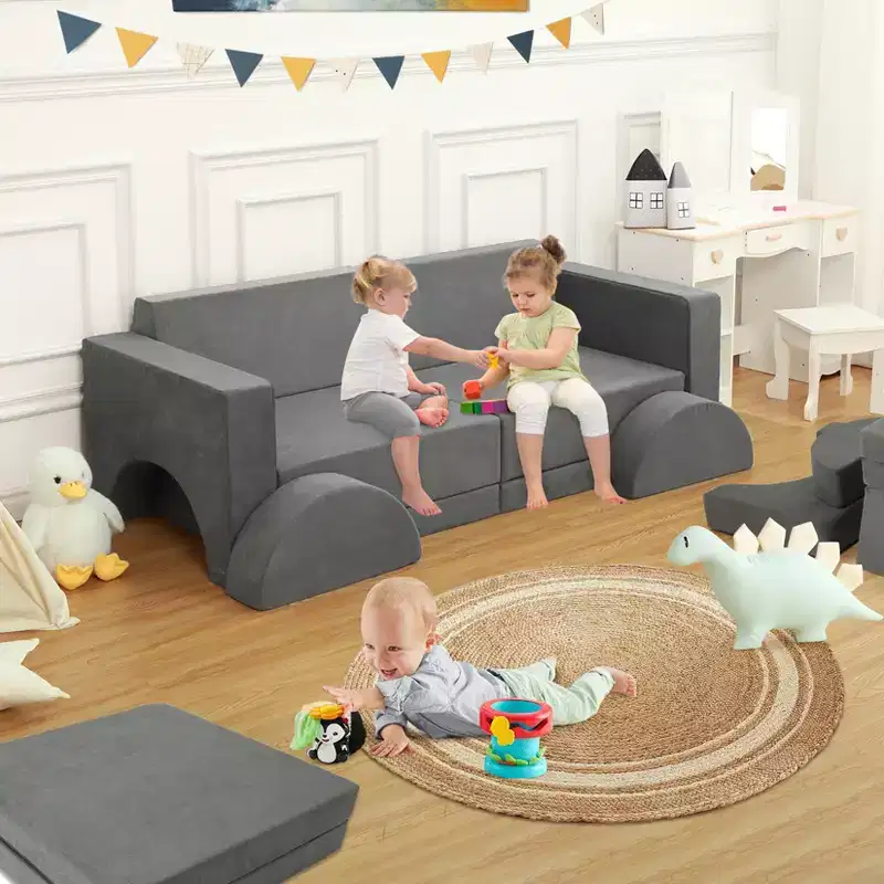Kids Play Couch, 8PCS Toddler Couch Modular Kids Play Couch Sofa for Playroom Nursery, Kids Convertible Sofa with Removable Cover, Dark Grey