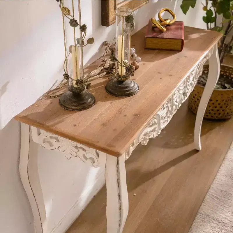 French Country Console Table with Carved Details and Curved Legs
