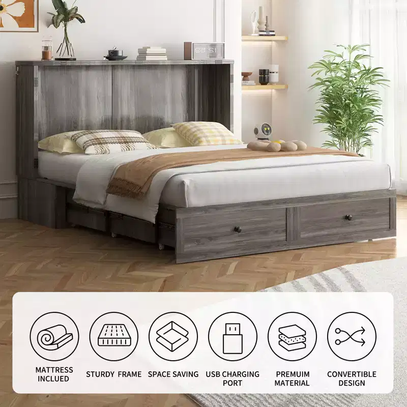 Mjkone Modern Queen Size Murphy Bed with USB ports,2 Drawerswith 4.72''Mattress