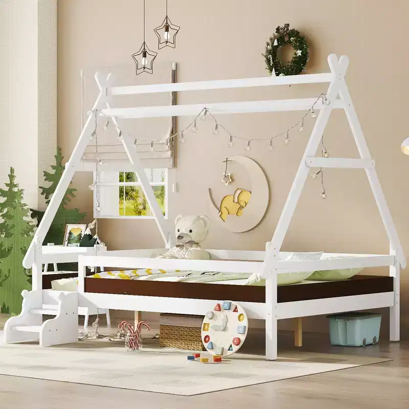 JVNOXK Full House Platform Bed with Stairs, Solid Wood Twin Bed Frame, Low Profile and Childlike Fun Design, White