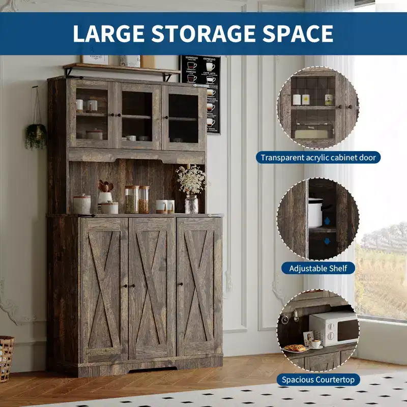 Versatile Freestanding Kitchen Pantry Cabinet - Farmhouse Brown, Built-In Charging Station, Spacious Countertop, Tall Hutch with Doors and Shelves