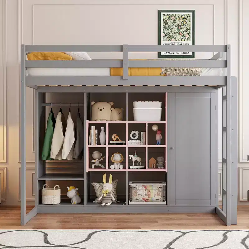 Wood Loft Bed with Wardrobe, Shelves and Cabinet