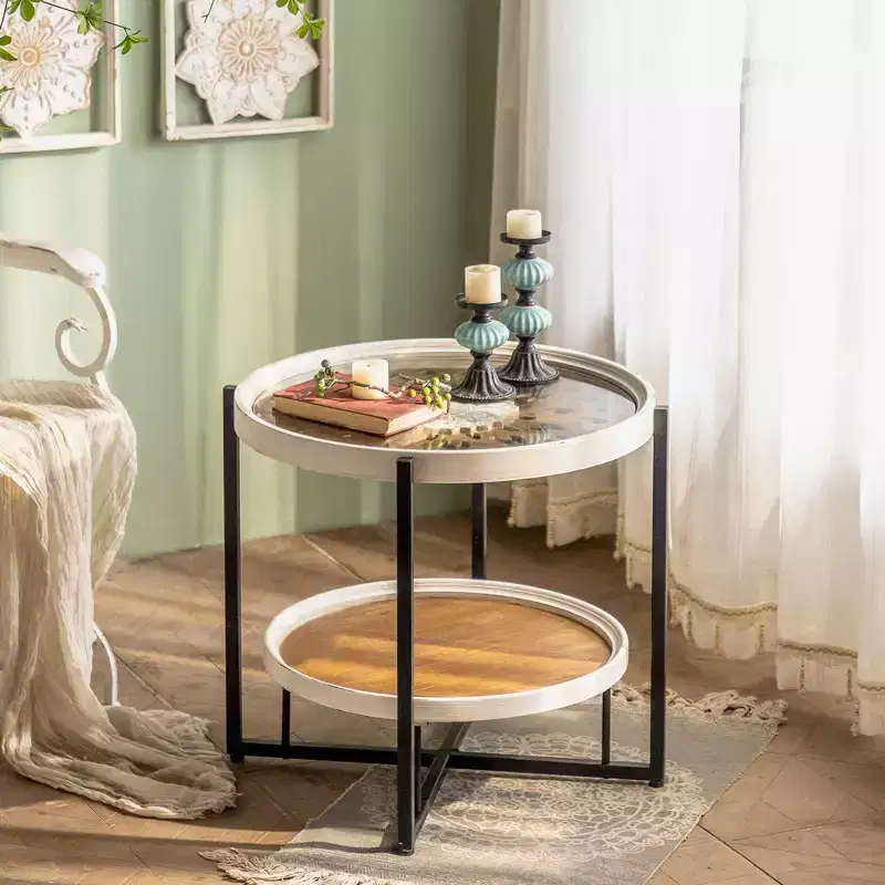 2-Tier End Table with Storage, Glass Tray Top Frame Side Table for Bedroom, Home Decor & Patio